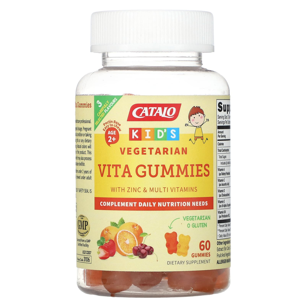CATALO, Детские вегетарианские жевательные витамины с цинком и мультивитаминами, для детей от 2 лет, клубника, вишня и апельсин, 60 вегетарианских жевательных мармеладок