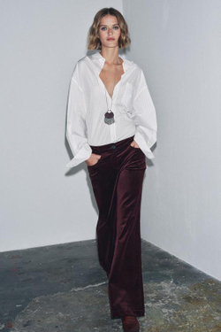 ZARA БАРХАТНЫЕ РАСКЛЕШЕННЫЕ БРЮКИ ZW COLLECTION, БУРГУНДИ