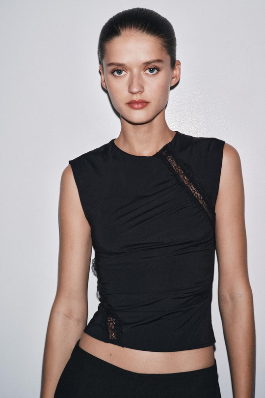 ZARA ТОП ИЗ ПОЛИАМИДА С КРУЖЕВОМ, ЧЕРНЫЙ