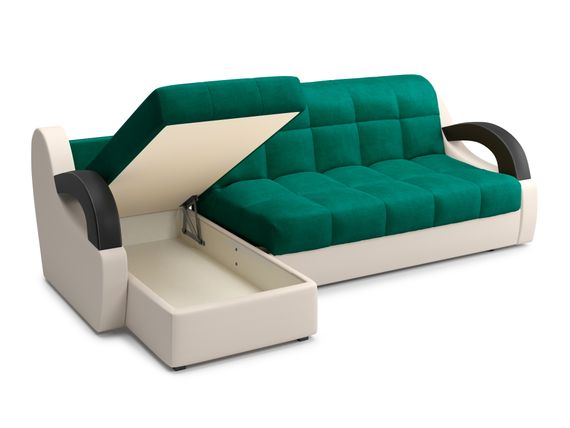 Диван угловой с оттоманкой Мадрид 1,6 - Velutto 33 изумрудный/беж кожзам/ коричневая накладка