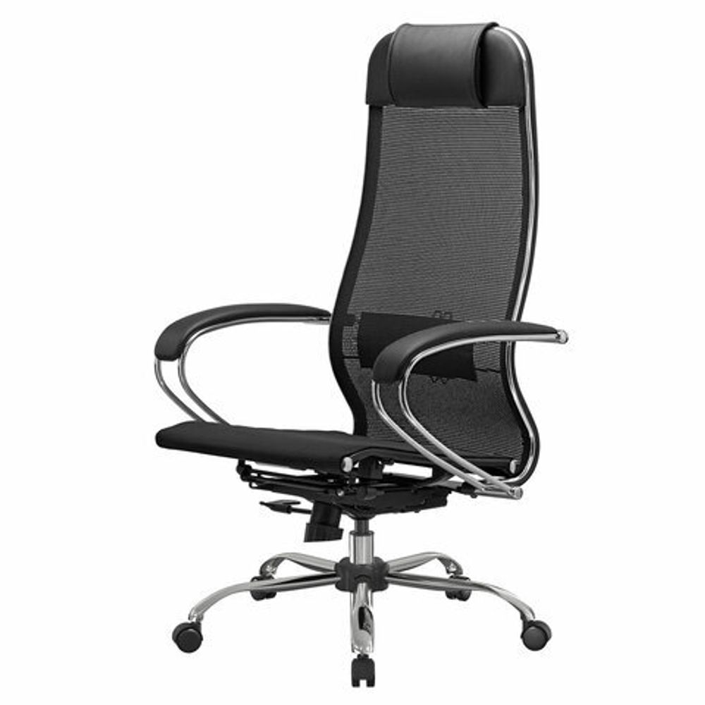 Кресло офисное МЕТТА "К-12", хром, ткань-сетка, сиденье и спинка регулируемые, черное