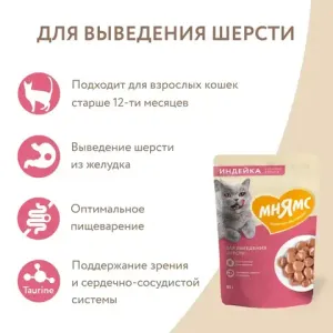 Влажный корм Мнямс для выведения шерсти у кошек, кусочки в соусе с индейкой