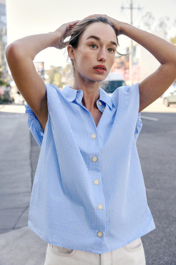 ZARA РУБАШКА С ОБЪЕМНЫМИ РУКАВАМИ, СИНИЙ/БЕЛЫЙ