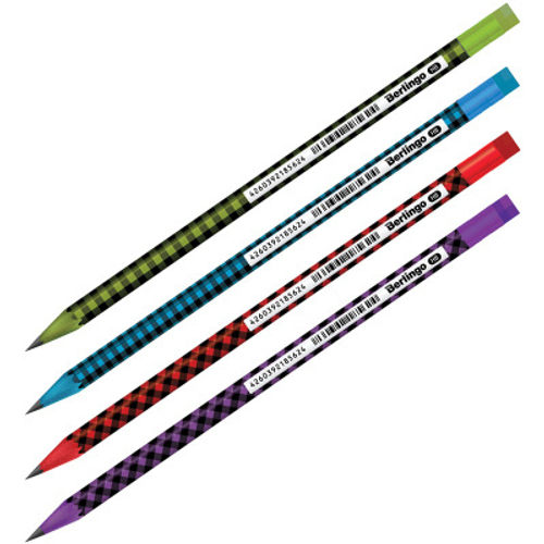 Карандаш ч/г Berlingo "Squares", круглый, с ластиком, заточен., пластиковый, ассорти