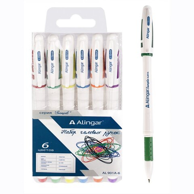 Набор гелевых ручек Alingar, 6 цветов, 0,55 мм, резиновый грип, белый, круглый пластиковый корпус, ПВХ чехол, европодвес