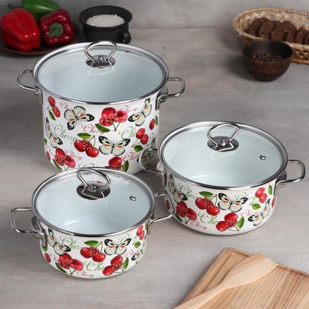 Набор эмалированной посуды 6 пр, кастрюли 1.9,2.5,5 л, Керчь, Черешенка-5-1-Элит