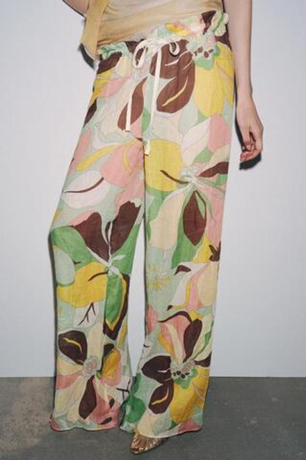 ZARA БРЮКИ ИЗ ТКАНИ РАМИ С ЦВЕТОЧНЫМ ПРИНТОМ — ZW COLLECTION, ЗЕЛЕНЫЙ