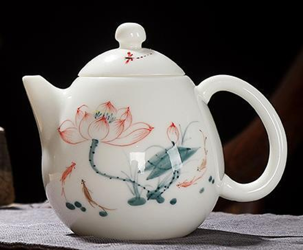 242098.4 Чайник БЕЛЫЙ НЕФРИТ "Лотос" ручная роспись, h=100мм, L=125мм, 250мл, фарфор белый