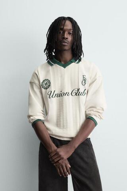 ZARA ПОЛО ЖАККАРДОВОЕ С ВЫШИВКОЙ, ЖЕЛТОВАТО-БЕЛЫЙ