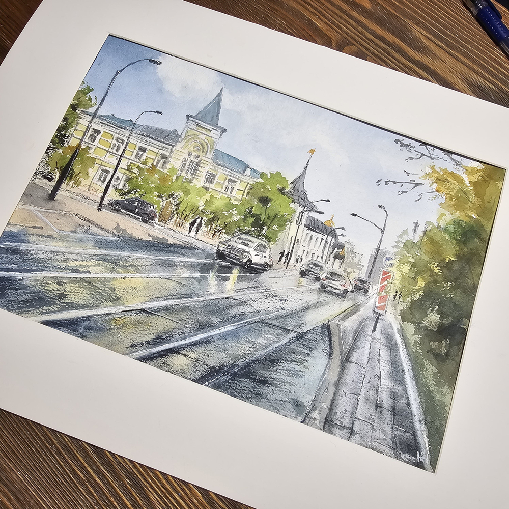 Картина авторская акварельная в паспарту 30х40 см на стену для интерьера "Осень на Даниловском валу"