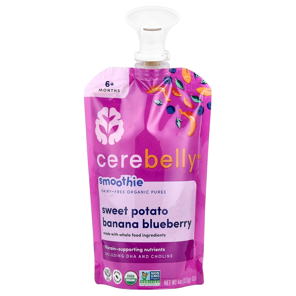 Cerebelly, Smoothie, органическое пюре без молочных продуктов, от 6 месяцев, батат, банан и голубика, 113 г (4 унции)