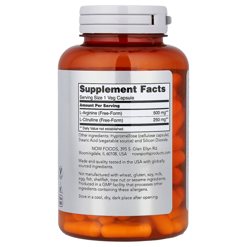 NOW Foods, Sports, аргинин и цитруллин, 120 вегетарианских капсул