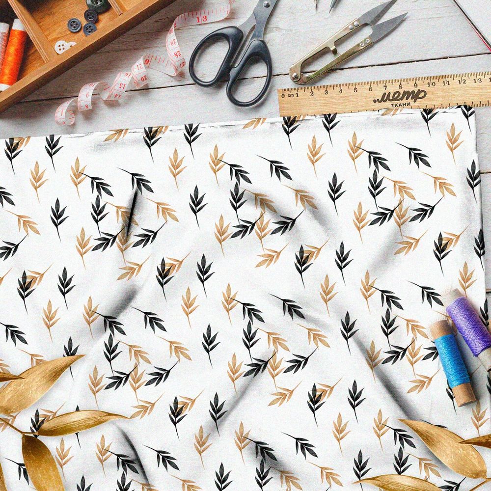 Ткань кулирная гладь пожелтевшие листья на белом фоне