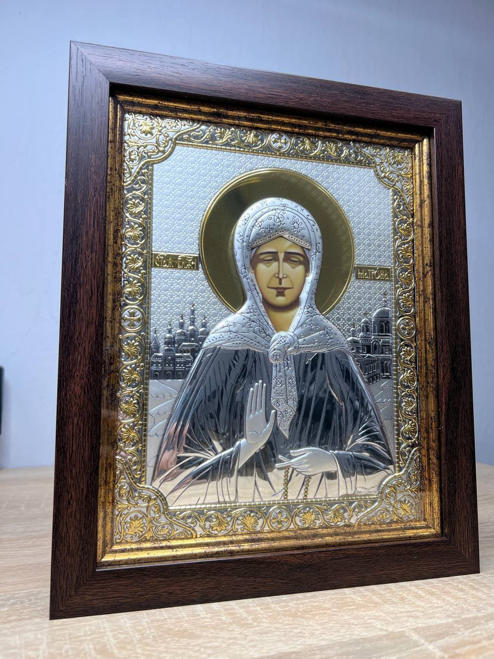 Матрона, икона прямоугольная в рамке под стеклом, красное дерево 170х210