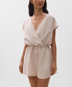 Oysho Короткий комбинезон с запахом из льна, песочный меланж