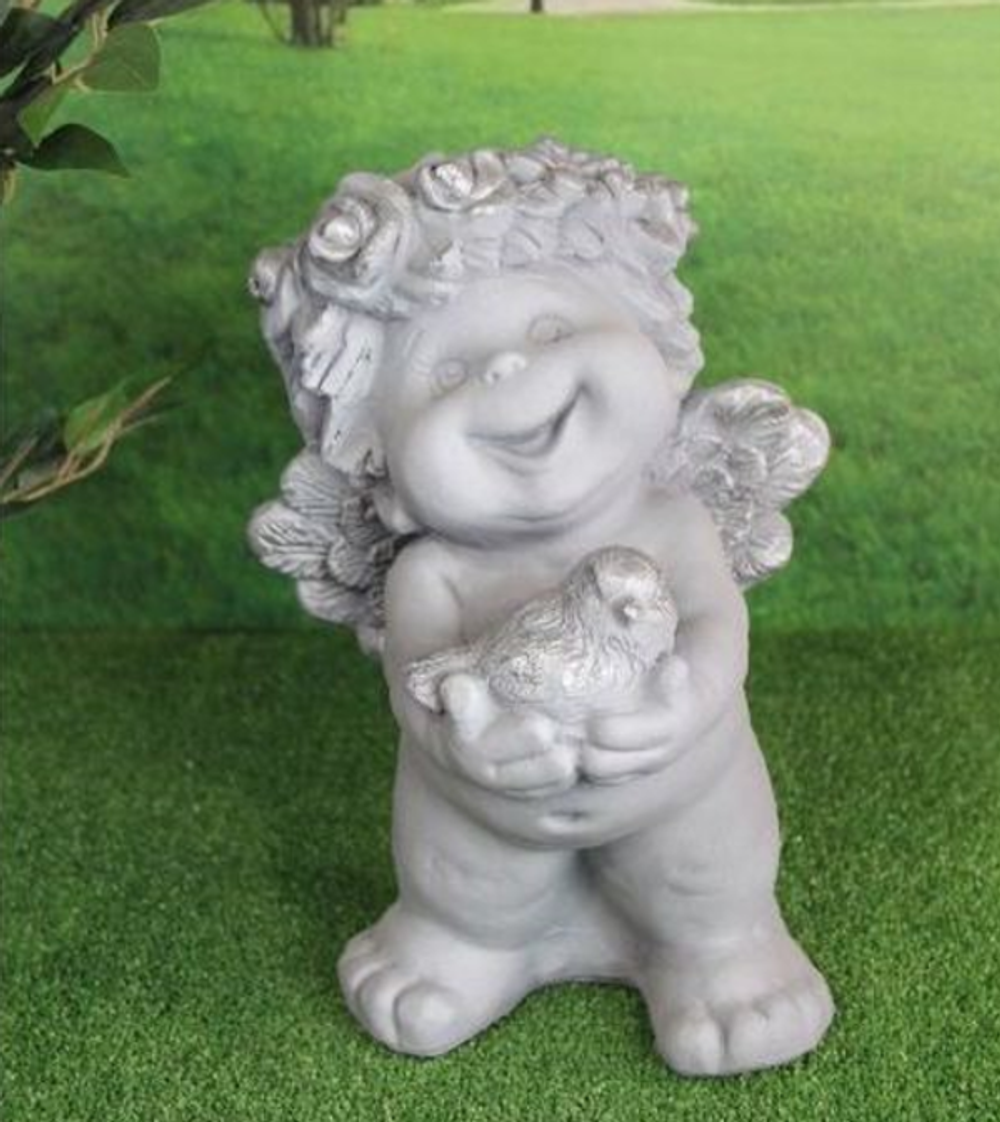 Фигура из гипса «Ангел с птичкой» 35см (цвет бетон)