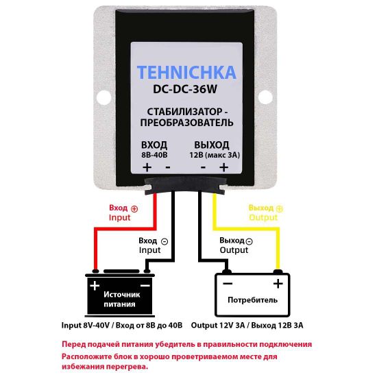 Стабилизатор-преобразователь 8-40В в 12В 3А (36W) для ДХО и светодиодных ламп