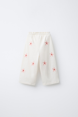 ZARA БРЮКИ-КЮЛОТЫ С ВЫШИВКОЙ ЦВЕТОВ, ЭКРЮ
