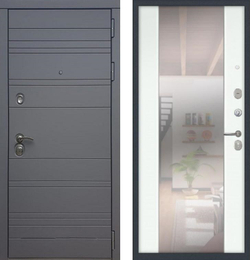Входная металлическая дверь с зеркалом  RеX 14 Силк титан / СБ-16 Белый ясень (текстура дерева)