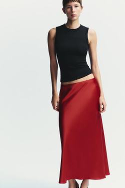 ZARA АТЛАСНАЯ ЮБКА МИДИ, КРАСНЫЙ