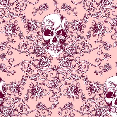 викторианские розы и черепа, розовый паттерн