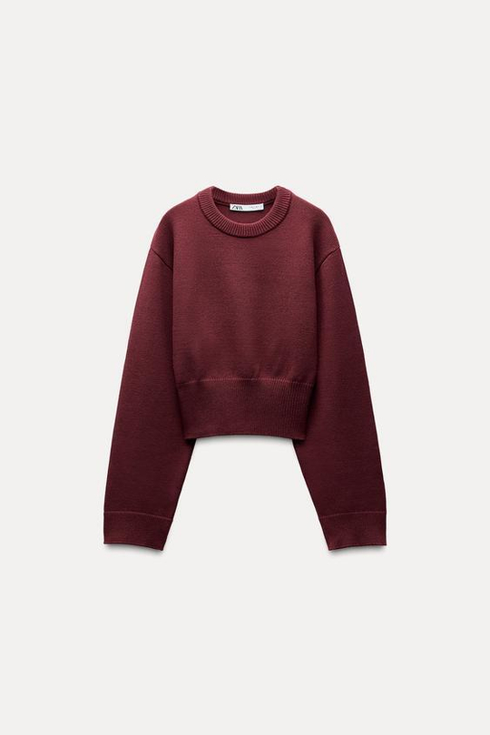 ZARA ОДНОТОННЫЙ СВИТЕР С ШИРОКИМИ РУКАВАМИ, ЦВЕТ БУРГУНДСКОГО ВИНА