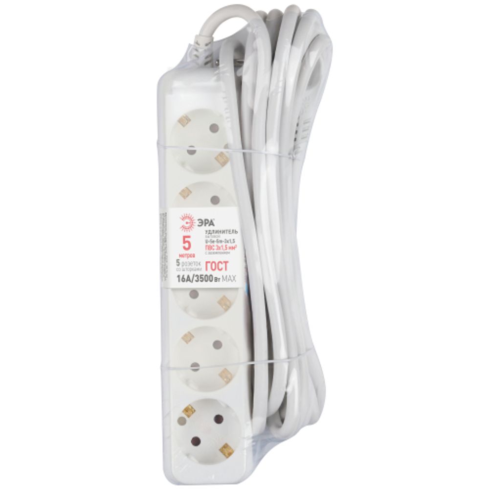 Удлинитель электрический ЭРА U-5e-5m-3x1,5 с заземлением 5 розеток 5м ПВС 3x1,5мм2 16А