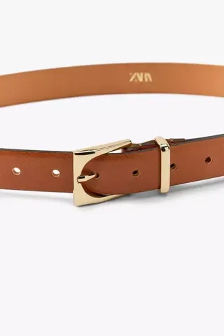 ZARA КОЖАНЫЙ РЕМЕНЬ С ПРЯЖКОЙ ГЕОМЕТРИЧЕСКОЙ ФОРМЫ, КАШТАНОВЫЙ