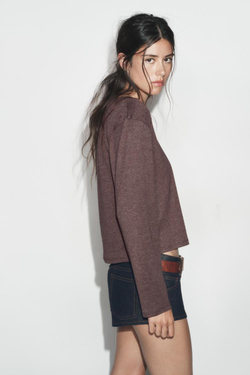 ZARA ФУТБОЛКА С ВЫРЕЗОМ «ЛОДОЧКА» И ДЛИННЫМИ РУКАВАМИ, РЫЖЕВАТО-КОРИЧНЕВЫЙ МЕЛАНЖ