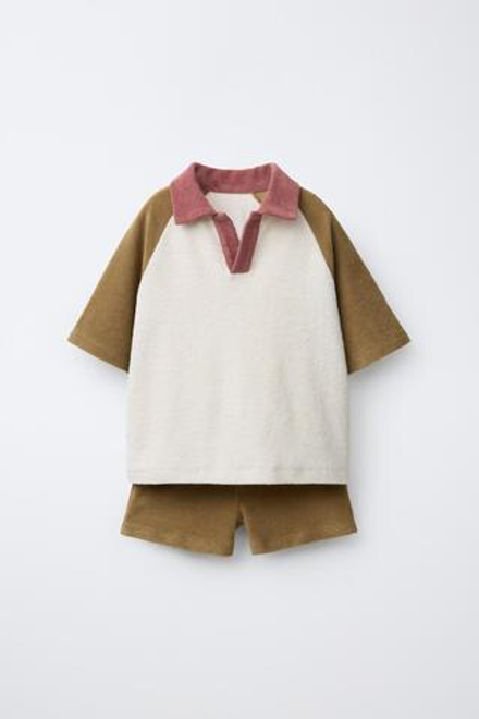 ZARA КОМПЛЕКТ ИЗ ПОЛО И ШОРТОВ-БЕРМУД ИЗ МАХРОВОЙ ТКАНИ В СТИЛЕ КОЛОР-БЛОК, ОЛИВКОВЫЙ