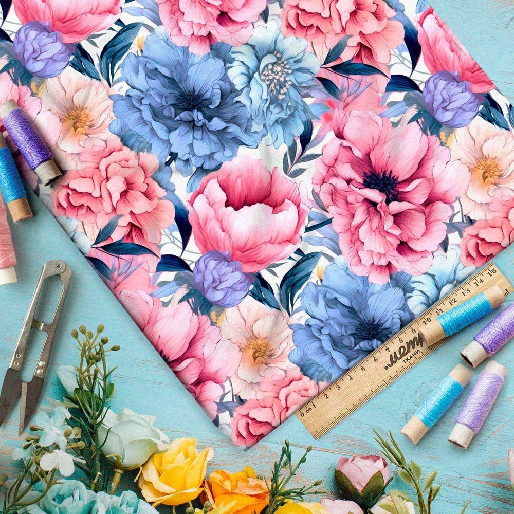 Ткань премиум таффета пионы в вихре