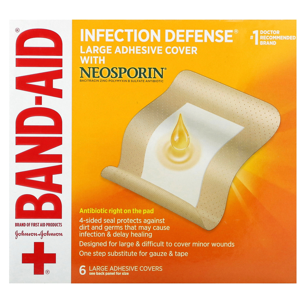 Band Aid, лейкопластыри, защита от инфекций, с Neosporin, большие, 6 лейкопластырей