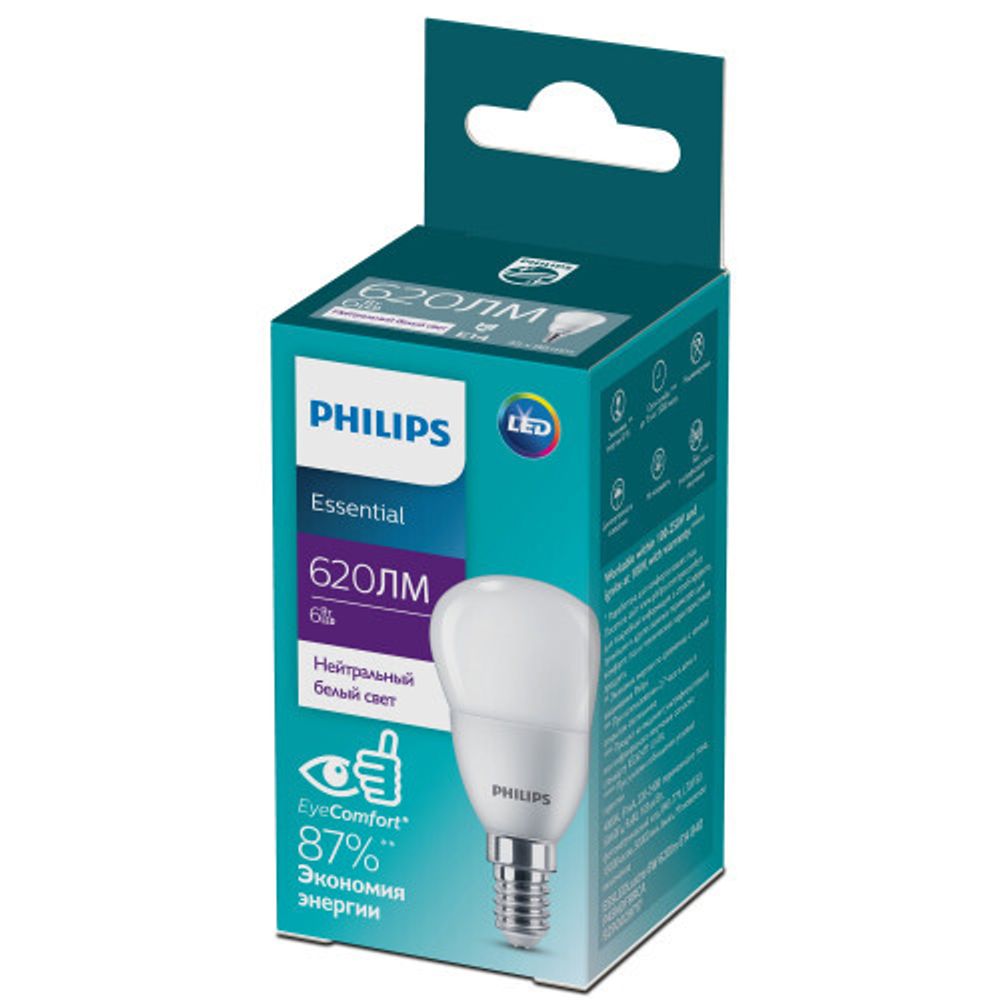 Лампочка светодиодная Philips ESS LEDLustre P45 6Вт 4000K Е14 / E14 шар матовый нейтральный белый свет | Philips