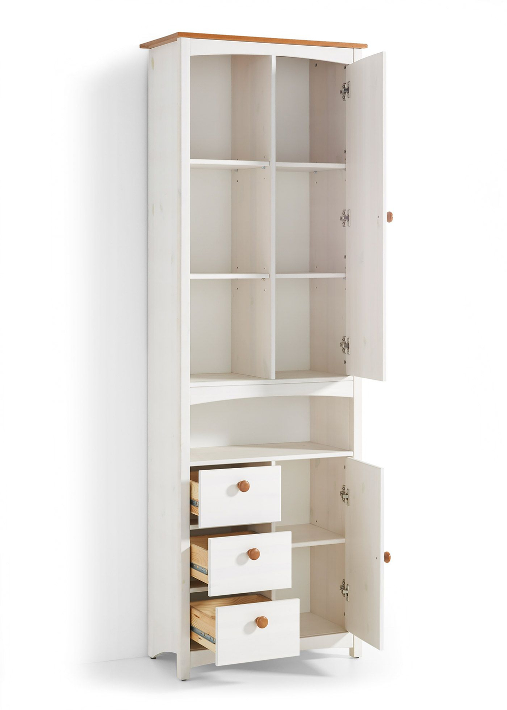 Шкаф пенал, 62х30х185, Паула, с полками, с дверками и ящиками, для ванной, для кухни, из массива дерева, белый/черри, Dipriz