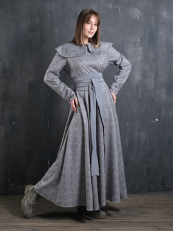 Платье с кушаком /серо-голубая клетка