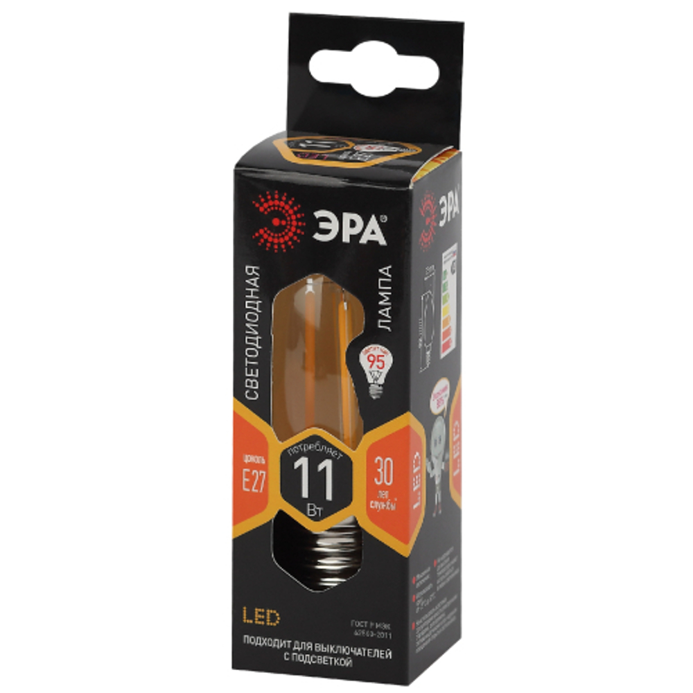 Лампа светодиодная ЭРА F-LED B35-11w-827-E27 11Вт филамент свеча теплый белый свет Е27