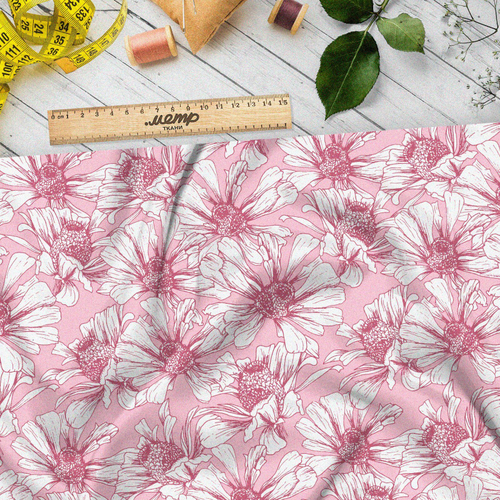 Ткань шелк Армани воздушно-белые цветы на розовом