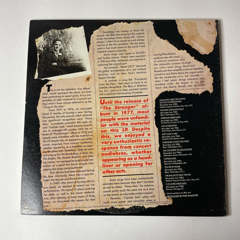 Винтажная виниловая пластинка LP Billy Joel Songs In The Attic (Japan 1981) (No Obi)