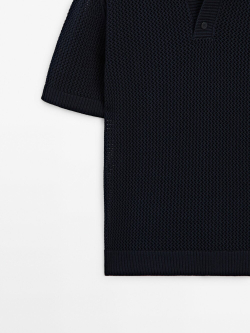 Massimo Dutti Свитер поло из фактурной ткани с короткими рукавами, темно-синий