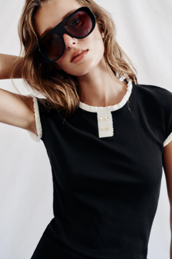 ZARA ТОП С ОКАНТОВКОЙ И ПУГОВИЦАМИ, ЧЕРНЫЙ