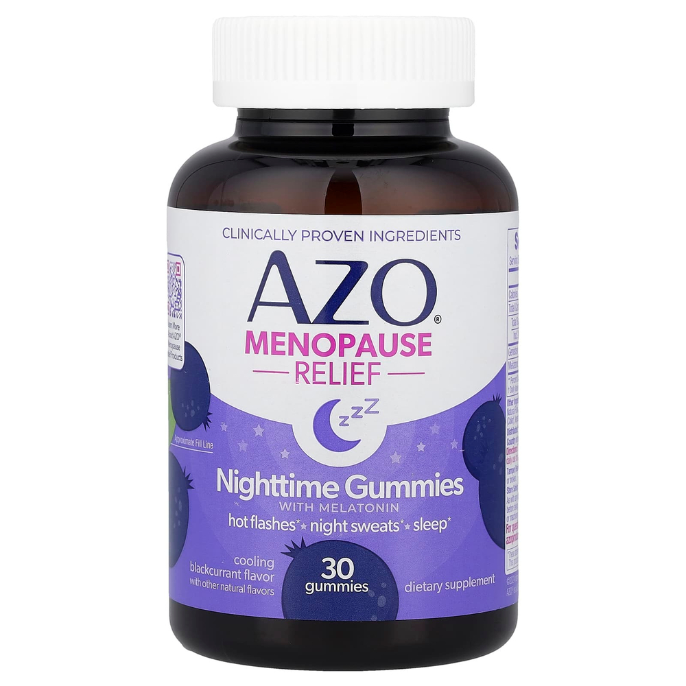 AZO, Menopause Relief, жевательные таблетки с мелатонином для приема перед сном, охлаждающая черная смородина, 30 жевательных таблеток