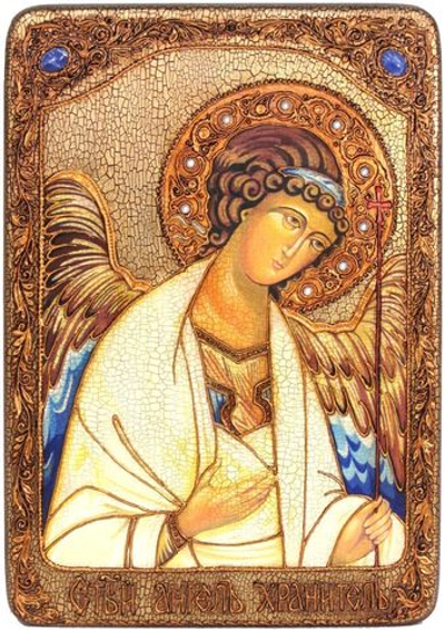 Большая подарочная икона "Ангел Хранитель" на мореном дубе, 42х29см