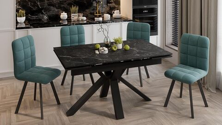 Стол кухонный обеденный раздвижной Черный муар/Керамика матовая черный мрамор 140(200)х85х76 см