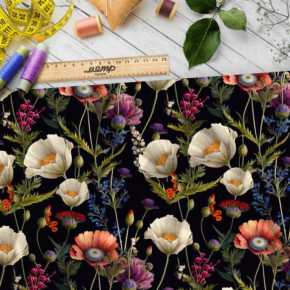 Ткань блэкаут  полевые белые цветы ночью