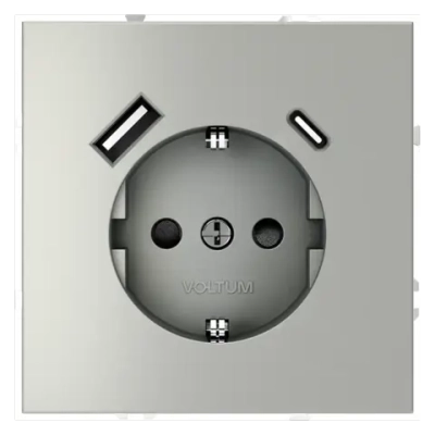 Розетка встраиваемая VOLTUM S70 с заземлением и защитными шторками, 16А, с USB, A+С, (сталь)
