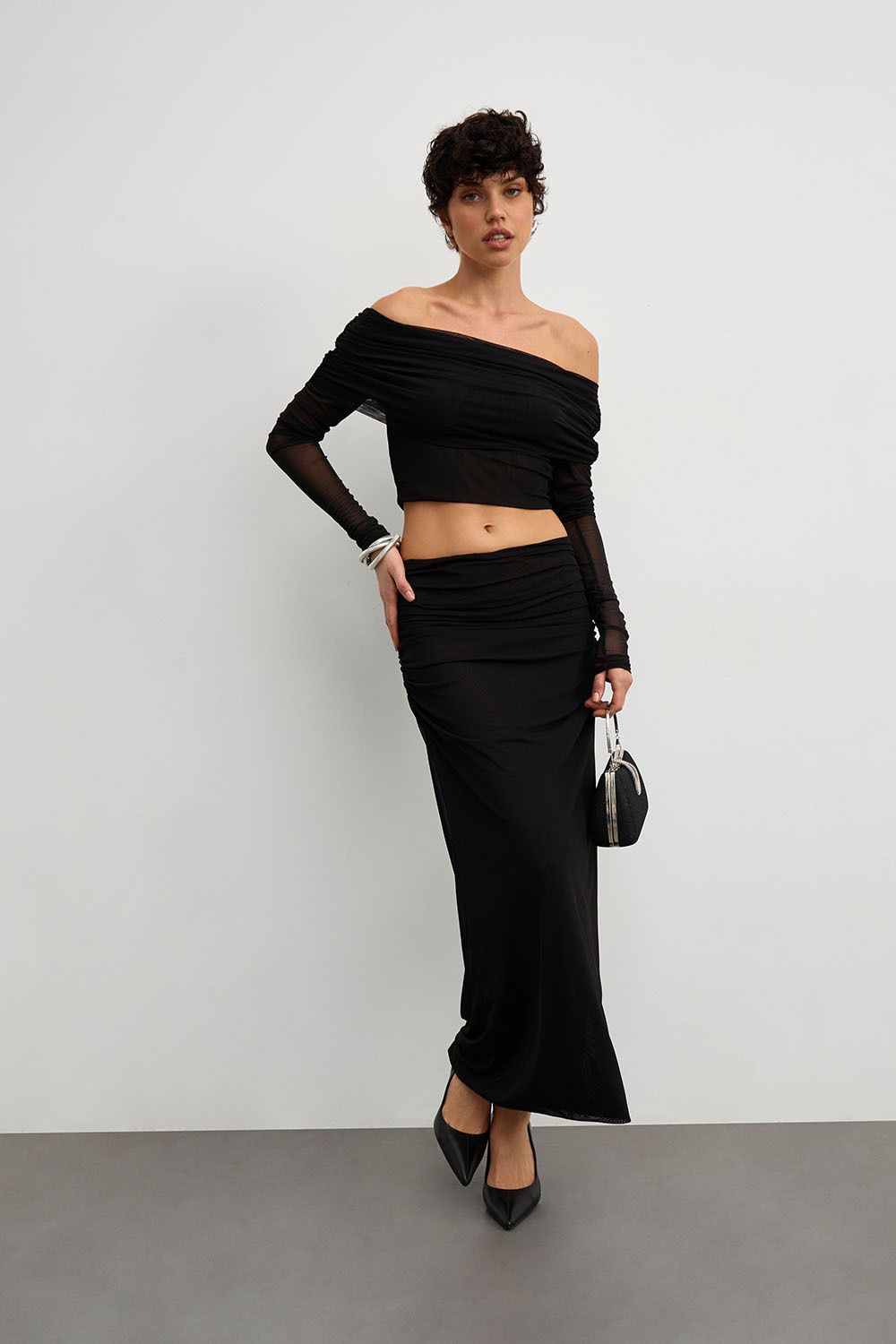 Юбка макси из сетки стрейч черного цвета