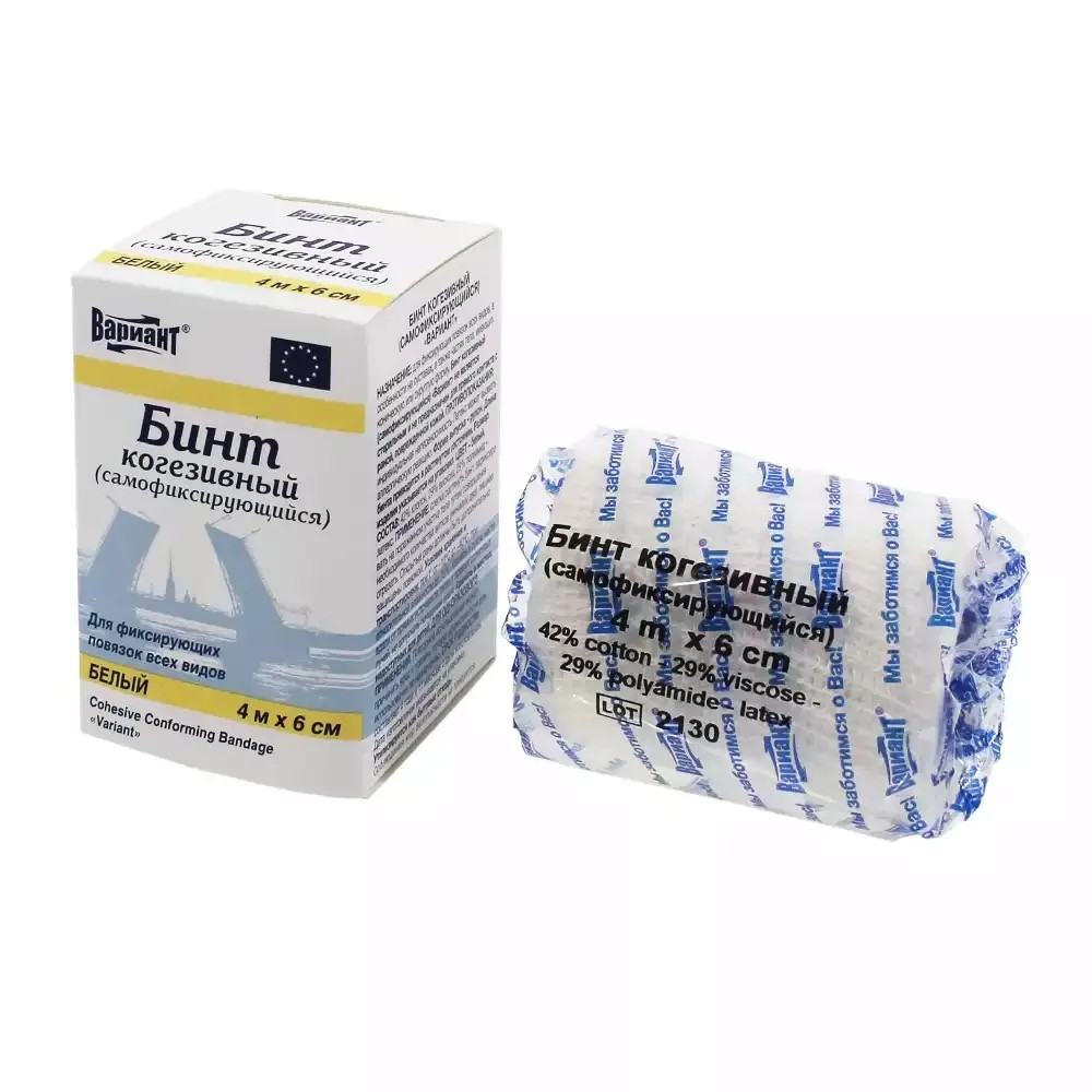 Бинт когезивный самофиксирующийся Вариант, 4 м × 6 см, белый