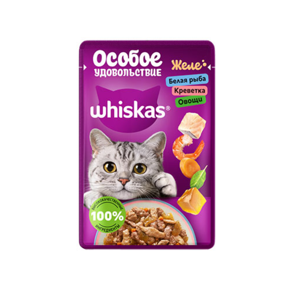 Влажный корм Whiskas Желе белая рыба,креветка и овощи 75 гр