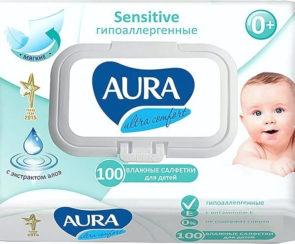 Салфетки влажные AURA Ultra comfort для детей с экс.алоэ и вит. Е,с крышкой, 100шт