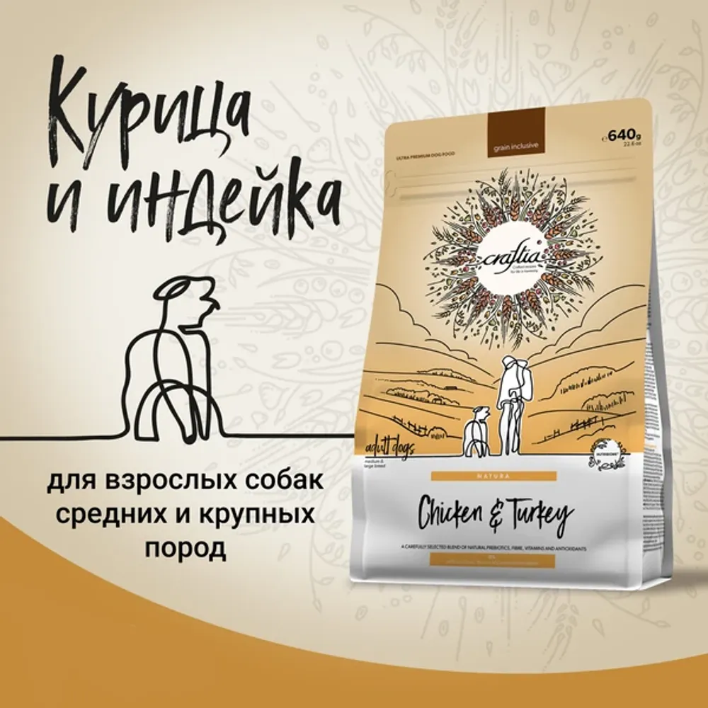 Сухой корм CRAFTIA NATURA для взрослых собак средних и крупных пород из курицы и индейки